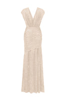 Beige metallic striped chiffon gown by I.H.F, flowing design with elegant pleats and a stylish draped silhouette.