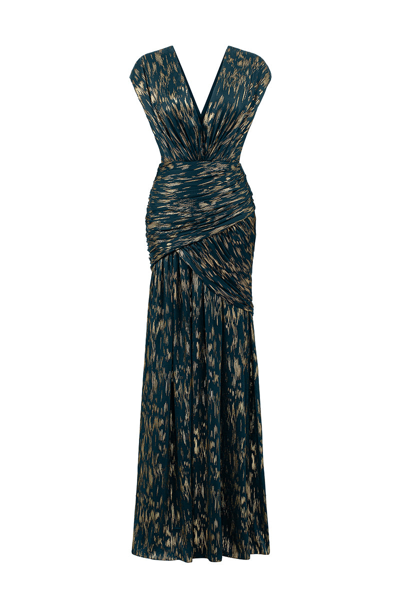 Green metallic striped chiffon gown by I.H.F, flowing fabric with elegant drape and layered design.