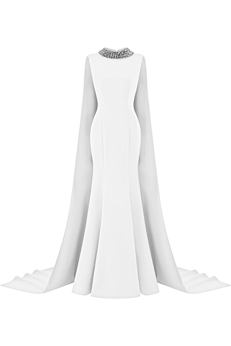 Elegant Lula Crepe Cape Gown by I.H.F featuring flowing crepe fabric and a sophisticated silhouette.