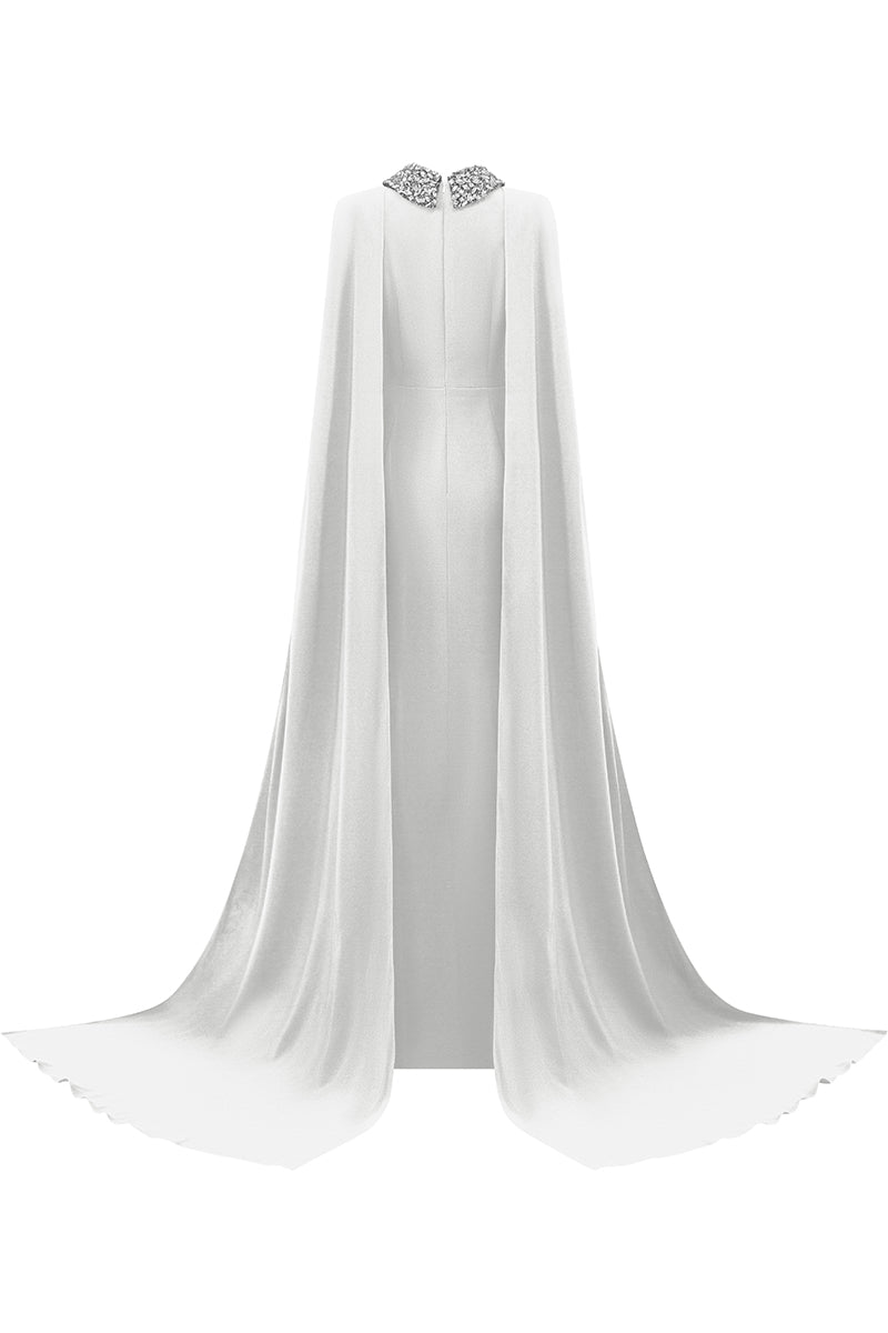 I.H.F Lula Crepe Cape Gown displayed on a hanger, featuring elegant crepe fabric and flowing design for formal occasions.