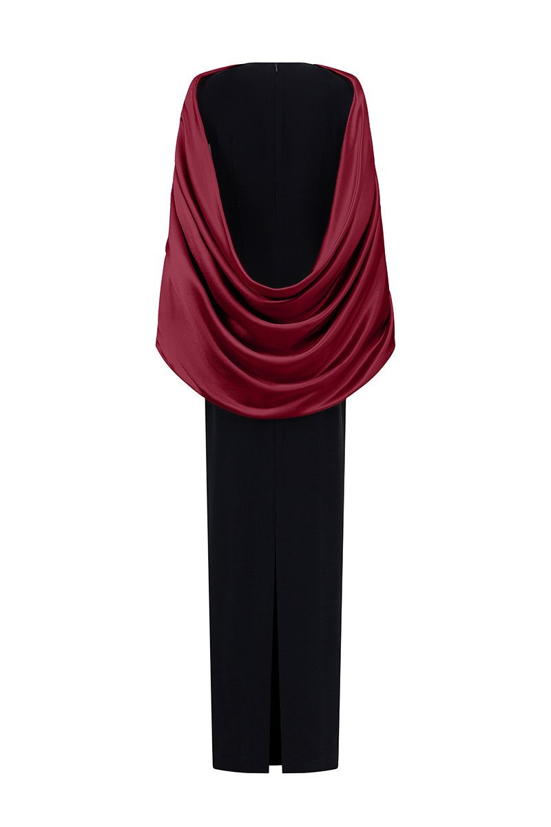 SHIMMER SATIN SILK LINED DRESS IN BLACK AND BORDEAUX | CULT MIA