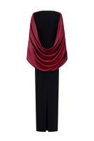 Elegant black and Bordeaux shimmering satin silk lined gown by I.H.F, featuring a flowing design and luxurious fabric.