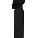 Black satin and crepe AURELIA asymmetric cape column gown by I.H.F with a round neckline and elegant flowing design.