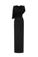 Black satin and crepe AURELIA asymmetric cape column gown by I.H.F with a round neckline and elegant flowing design.