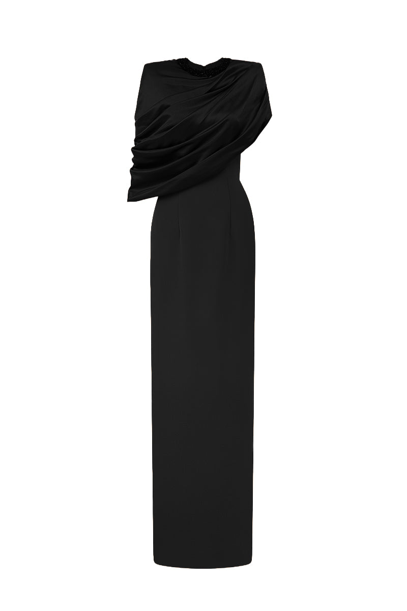 Black satin and crepe AURELIA asymmetric cape column gown by I.H.F with a round neckline and elegant flowing design.