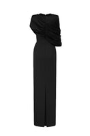 I.H.F Aurelia black asymmetric cape column gown with satin silk and crepe fabric, featuring a round neck and elegant design.
