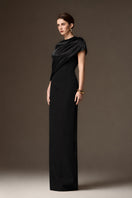 Black satin silk and crepe asymmetrical cape gown by I.H.F, featuring a round neckline and elegant silhouette.