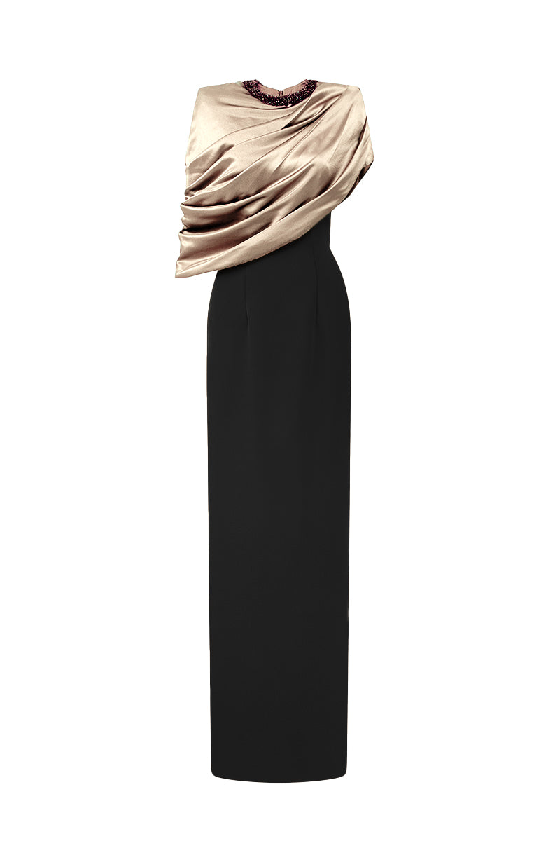 I.H.F Aurelia black and white asymmetric cape column gown with beige satin silk and black crepe fabric, round neck design.