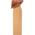 I.H.F brown satin silk asymmetrical cape column gown with round neck and light brown crepe fabric, elegant evening dress.