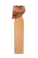 I.H.F brown satin silk asymmetrical cape column gown with round neck and light brown crepe fabric, elegant evening dress.
