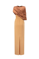 I.H.F brown satin silk asymmetrical cape column gown with round neck and light brown crepe details, elegant and sophisticated.