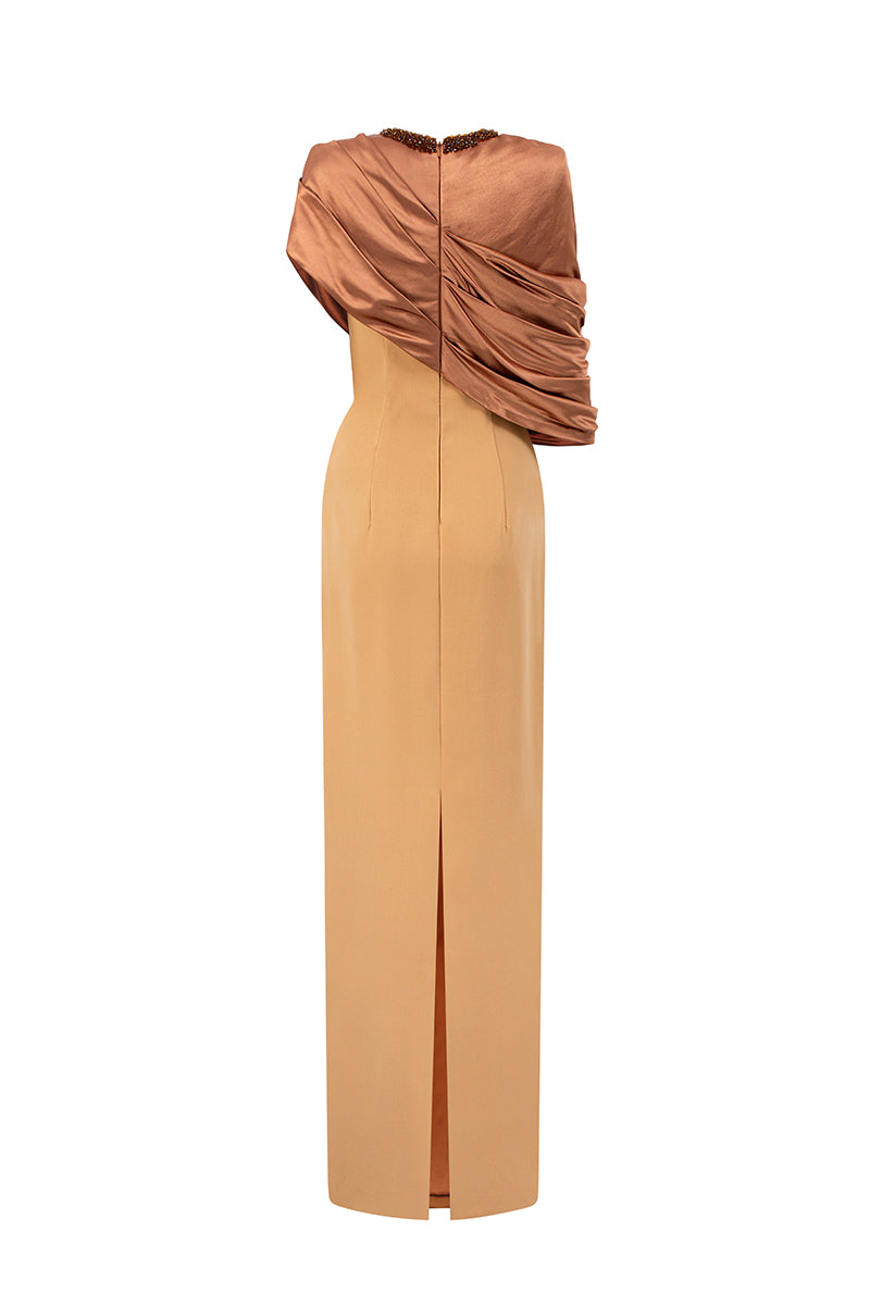 I.H.F brown satin silk asymmetrical cape column gown with round neck and light brown crepe details, elegant and sophisticated.
