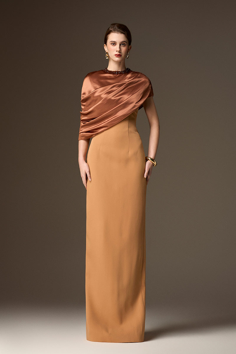 I.H.F Aurelía brown asymmetric cape column gown with satin silk and light brown crepe fabric, featuring a round neck and elegant drape.