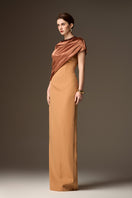Brown satin silk and light brown crepe AURELIA asymmetric cape column gown by I.H.F featuring a round neck.