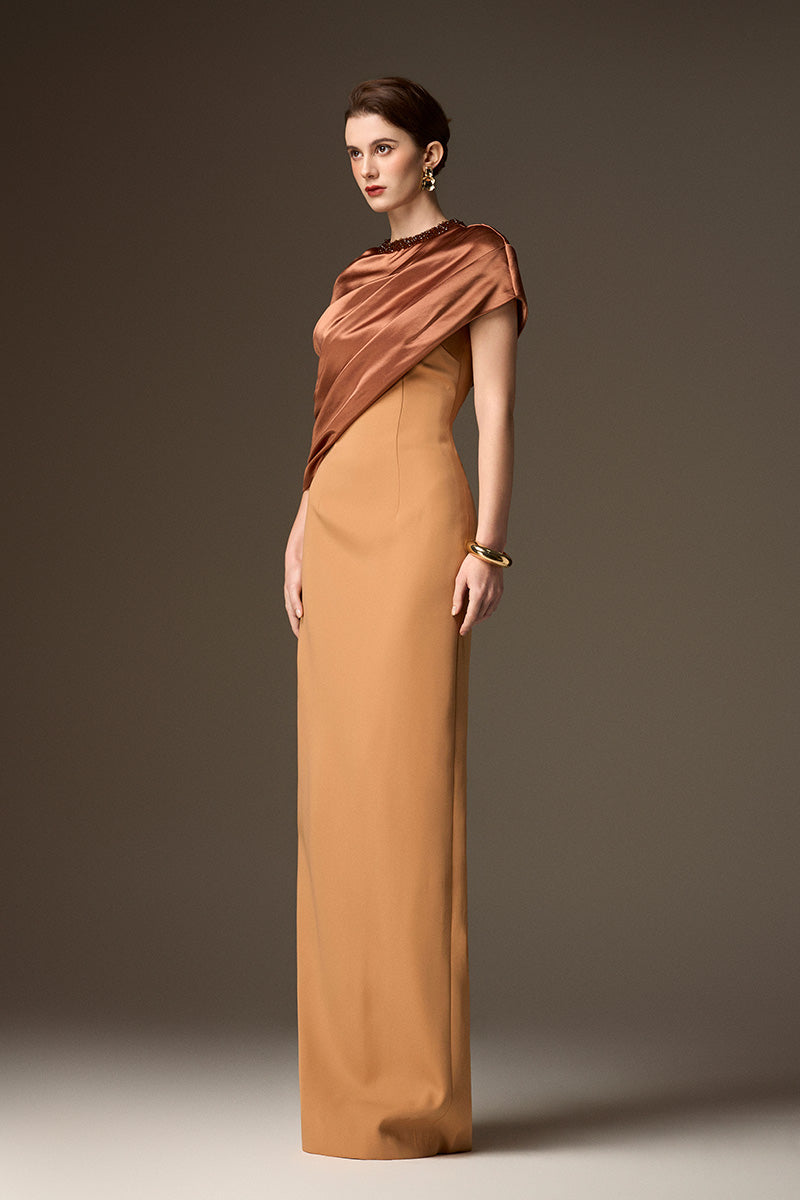 Brown satin silk and light brown crepe AURELIA asymmetric cape column gown by I.H.F featuring a round neck.