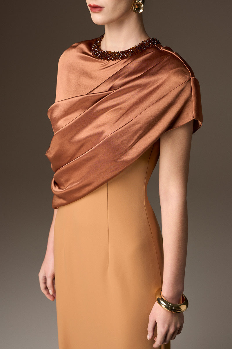 I.H.F AURELIA brown satin silk column gown with an asymmetrical cape and round neck, featuring elegant light brown crepe details.
