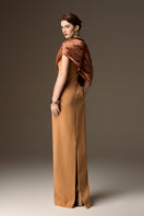 I.H.F brown satin silk asymmetrical cape column gown with round neck and light brown crepe accents, elegant formal evening dress.