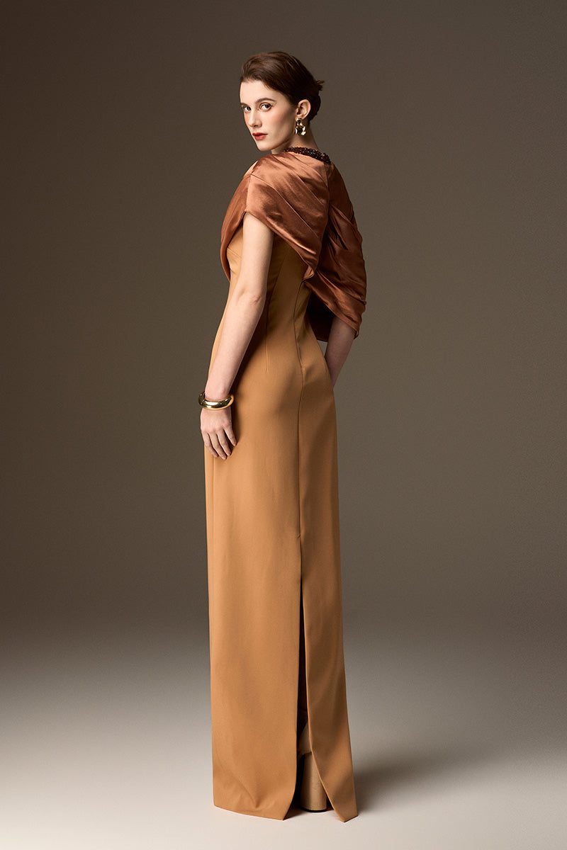 I.H.F brown satin silk asymmetrical cape column gown with round neck and light brown crepe accents, elegant formal evening dress.
