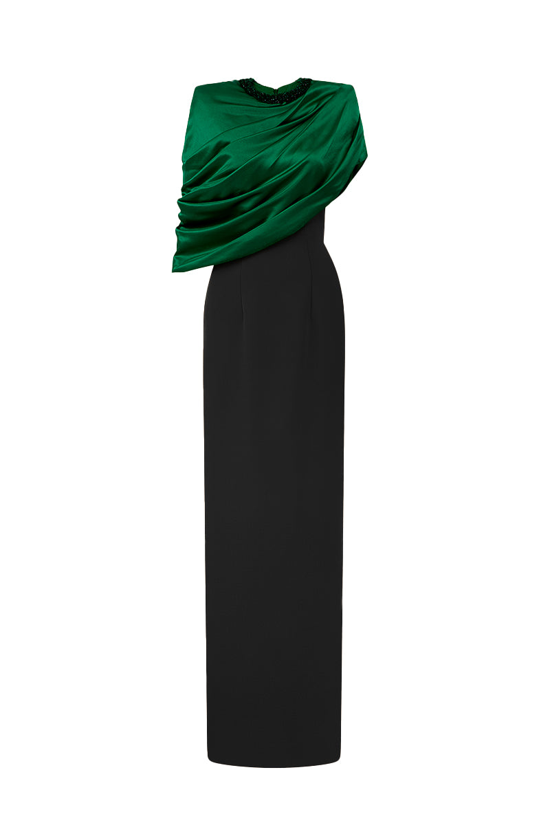 I.H.F Aurelia black and green asymmetric cape column gown in satin silk and black crepe, featuring a round neckline and flowing silhouette.