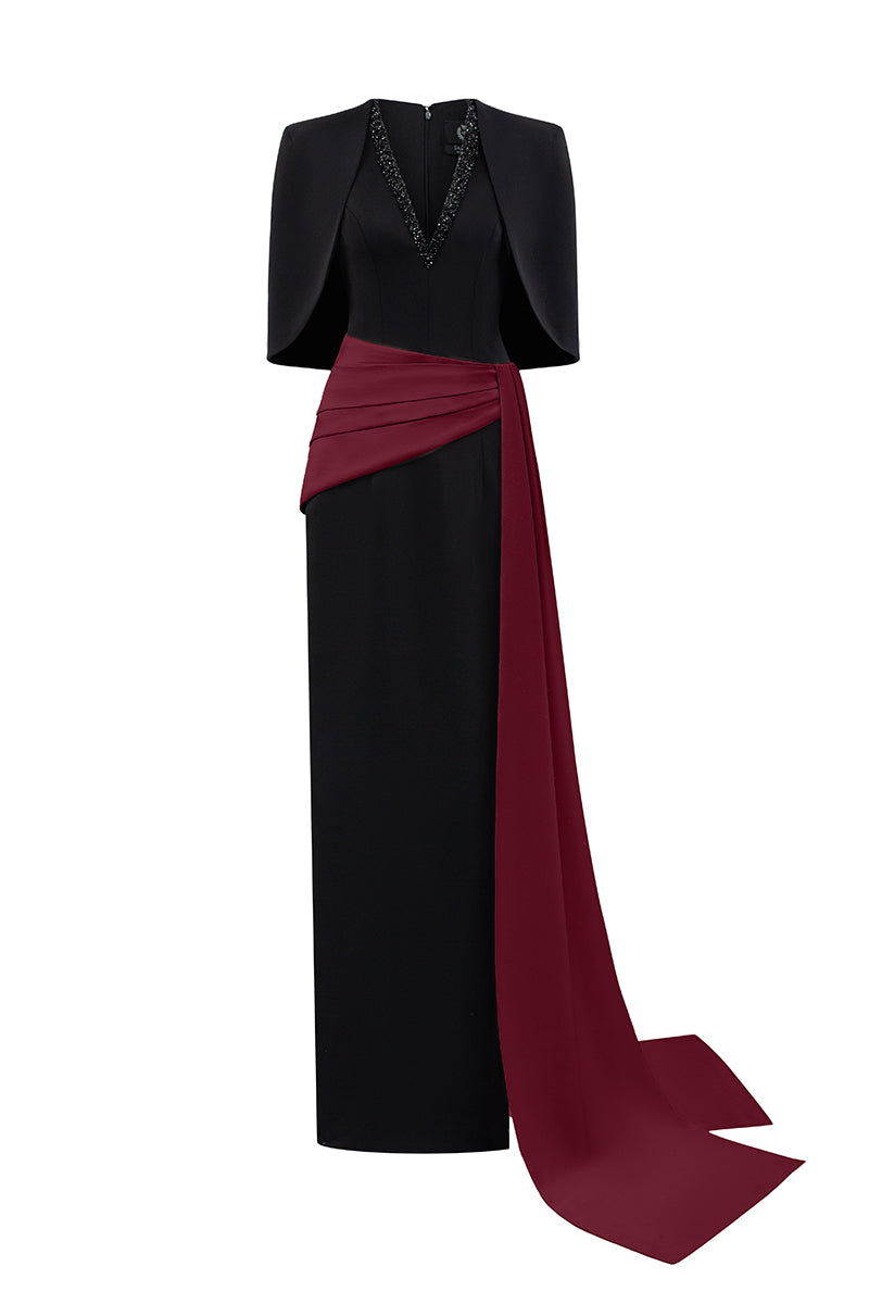 CREPE SILK LINED GOWN IN BLACK AND BORDEAUX