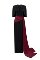 Elegant black and Bordeaux crepe silk lined gown by I.H.F, featuring a flowing design and sophisticated style.