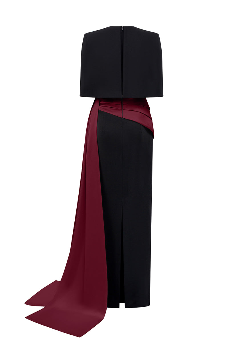 Black and Bordeaux crepe silk lined gown by I.H.F, featuring elegant design and flowing fabric.