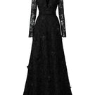 Black V-neck A-line lace gown with long sleeves by I.H.F, featuring intricate lace details and elegant flowing silhouette.