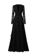 Black V-neck A-line lace gown with long sleeves by I.H.F, featuring intricate lace details and elegant flowing silhouette.