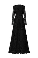 Black V-neck A-line lace gown with long sleeves from I.H.F, elegant evening dress with intricate lace details.