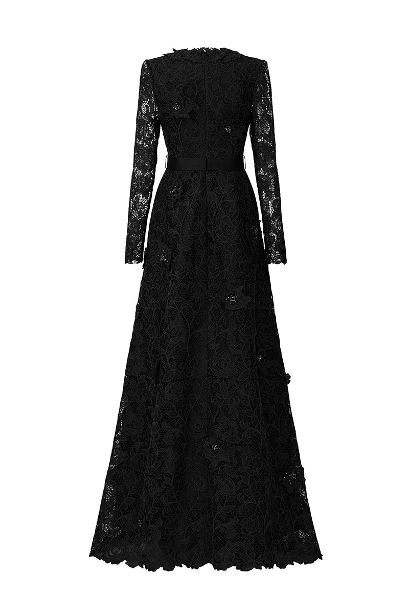 Black V-neck A-line lace gown with long sleeves from I.H.F, elegant evening dress with intricate lace details.