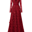Red Chelsea guipure lace and taffeta gown by I.H.F, featuring intricate lace details and flowing taffeta fabric.