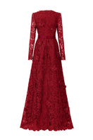 Red Chelsea Guipure lace and taffeta gown by I.H.F, featuring intricate lace details and elegant flowing taffeta fabric.
