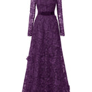 Purple V-neck A-line lace gown with long sleeves by I.H.F, featuring intricate lace detailing and a flowing silhouette.