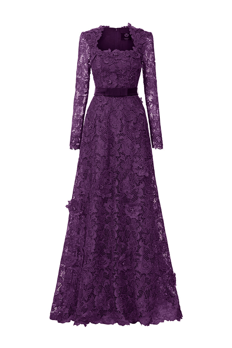 V-NECK A-LINE LACE GOWN WITH LONG SLEEVES IN PURPLE