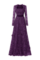 Purple V-neck A-line lace gown with long sleeves by I.H.F, featuring intricate lace detailing and a flowing silhouette.