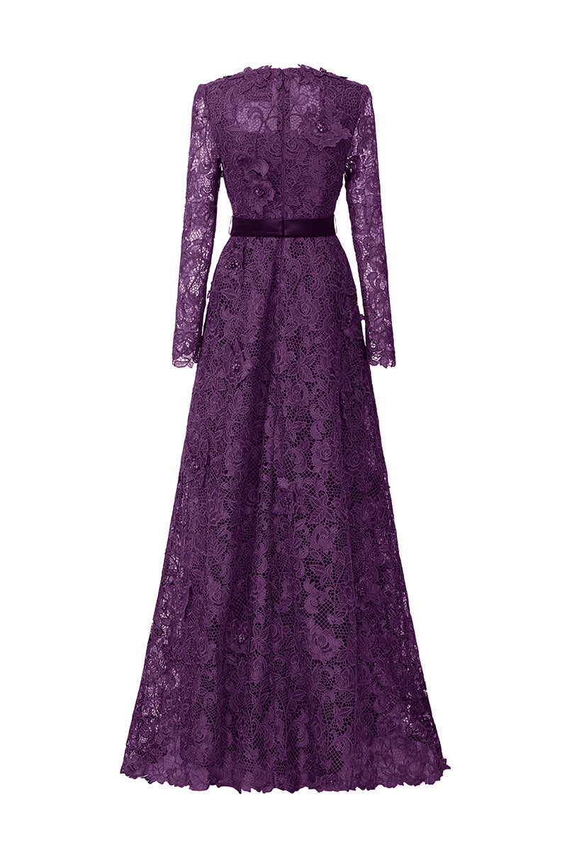 V-NECK A-LINE LACE GOWN WITH LONG SLEEVES IN PURPLE - CULT MIA