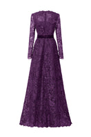 Purple V-neck A-line lace gown with long sleeves by I.H.F, elegant and flowing for formal occasions.