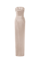 Beige crepe silk lined gown by I.H.F, showcasing elegant fabric and flowing design for formal occasions.