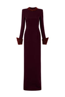 Red crepe silk lined gown by I.H.F, featuring elegant fabric and flowing silhouette, perfect for formal occasions.