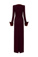 Red Aurora crepe silk lined gown by I.H.F, showcasing elegant fabric and stylish design in a full-length view.