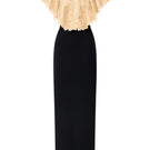 Beige sleeveless lace gown with round neck by I.H.F, featuring intricate lace details and elegant flowing fabric.