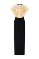 Beige sleeveless lace gown with round neck by I.H.F, featuring intricate lace details and elegant flowing fabric.