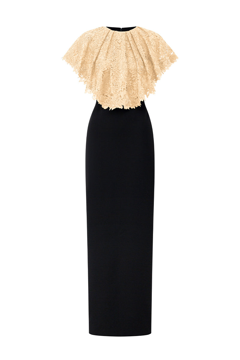 Beige sleeveless lace gown with round neck by I.H.F, featuring intricate lace details and elegant flowing fabric.