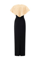 Beige I.H.F sleeveless lace gown with a round neckline, elegant and lightweight for formal occasions.