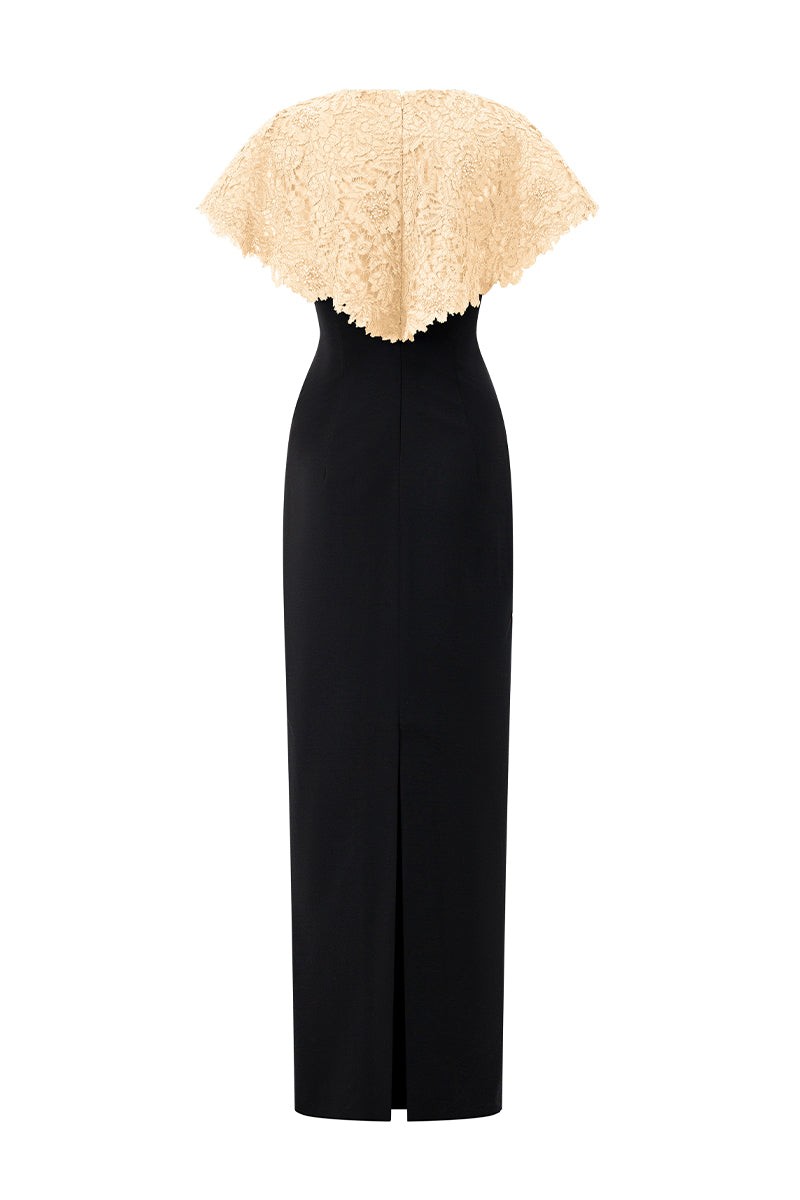 Beige I.H.F sleeveless lace gown with a round neckline, elegant and lightweight for formal occasions.