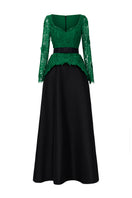 Green heart-shaped long sleeve gown by I.H.F, featuring a flowing design and elegant fit, worn by a model in the image.