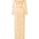 Beige I.H.F trapeze long sleeve gown with flowing silhouette, V-neckline, and elegant drape, perfect for formal occasions.