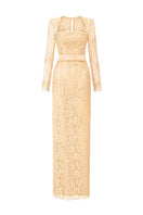 Beige I.H.F trapeze long sleeve gown with flowing silhouette, V-neckline, and elegant drape, perfect for formal occasions.