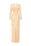 Beige I.H.F trapeze long sleeve gown with a flowing silhouette and relaxed fit, showcased on a neutral background.