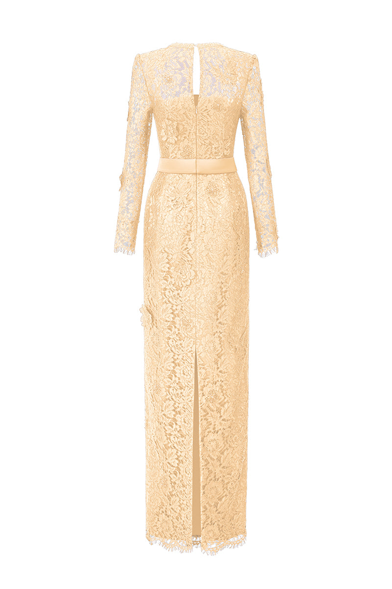 Beige I.H.F trapeze long sleeve gown with a flowing silhouette and relaxed fit, showcased on a neutral background.